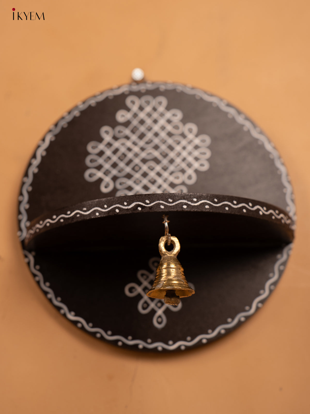 Hand Painted Round Wall Shelf with Brass Bell - Brown - KB17159