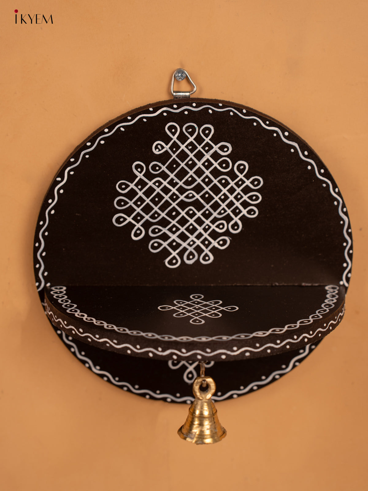 Hand Painted Round Wall Shelf with Brass Bell - Brown - KB17159