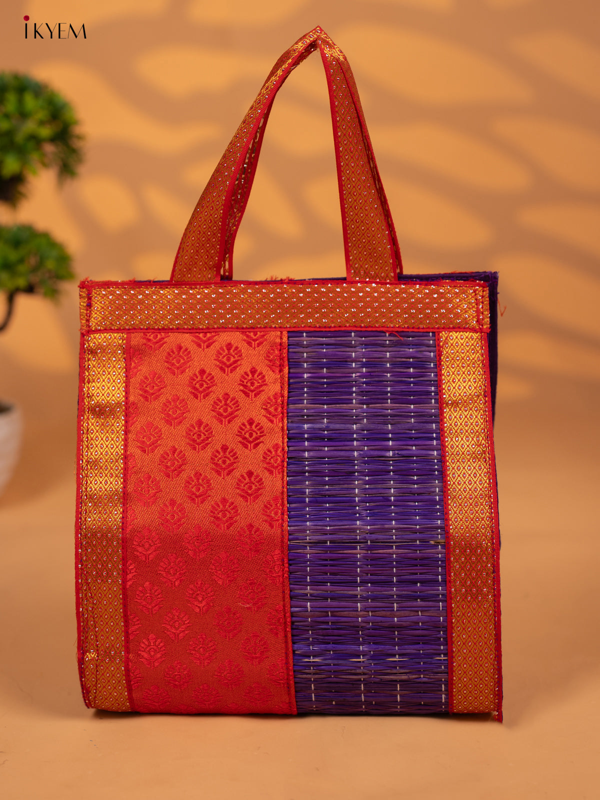 Half and Half Raw Silk with Korai Handbag 9 Inch- Red & Purple - KB17172