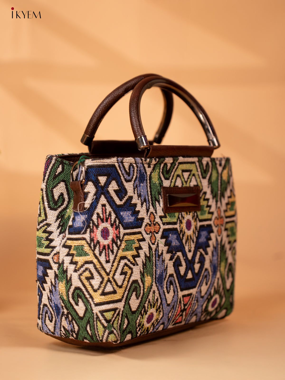 Jacquard Single hand Metal Handle Sling Bag - Cream - KB22117