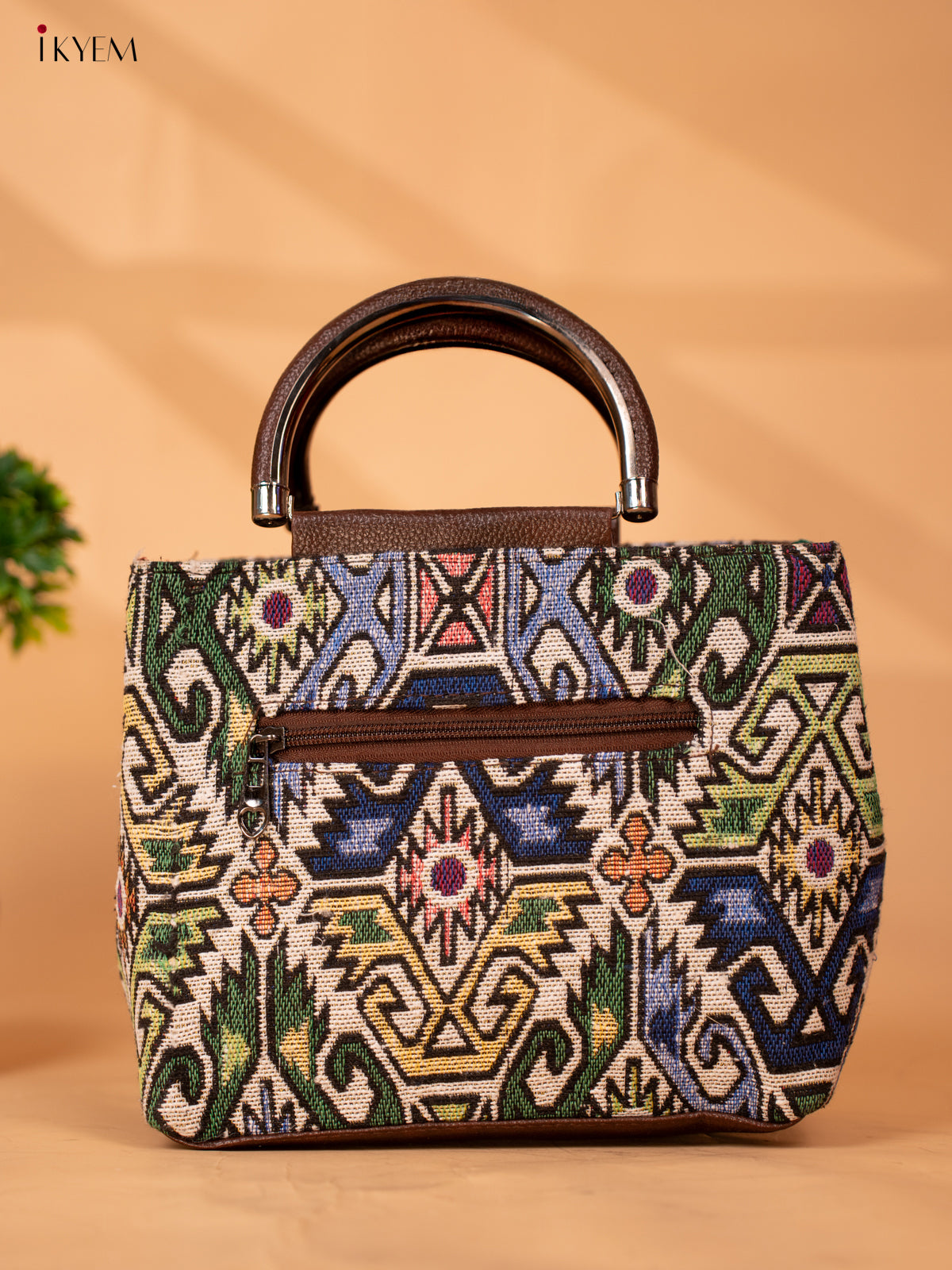 Jacquard Single hand Metal Handle Sling Bag - Cream - KB22117