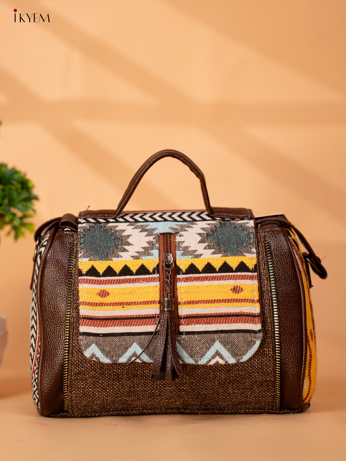 Jacquard Sling Bag with Printed Flap - Brown - KB22122