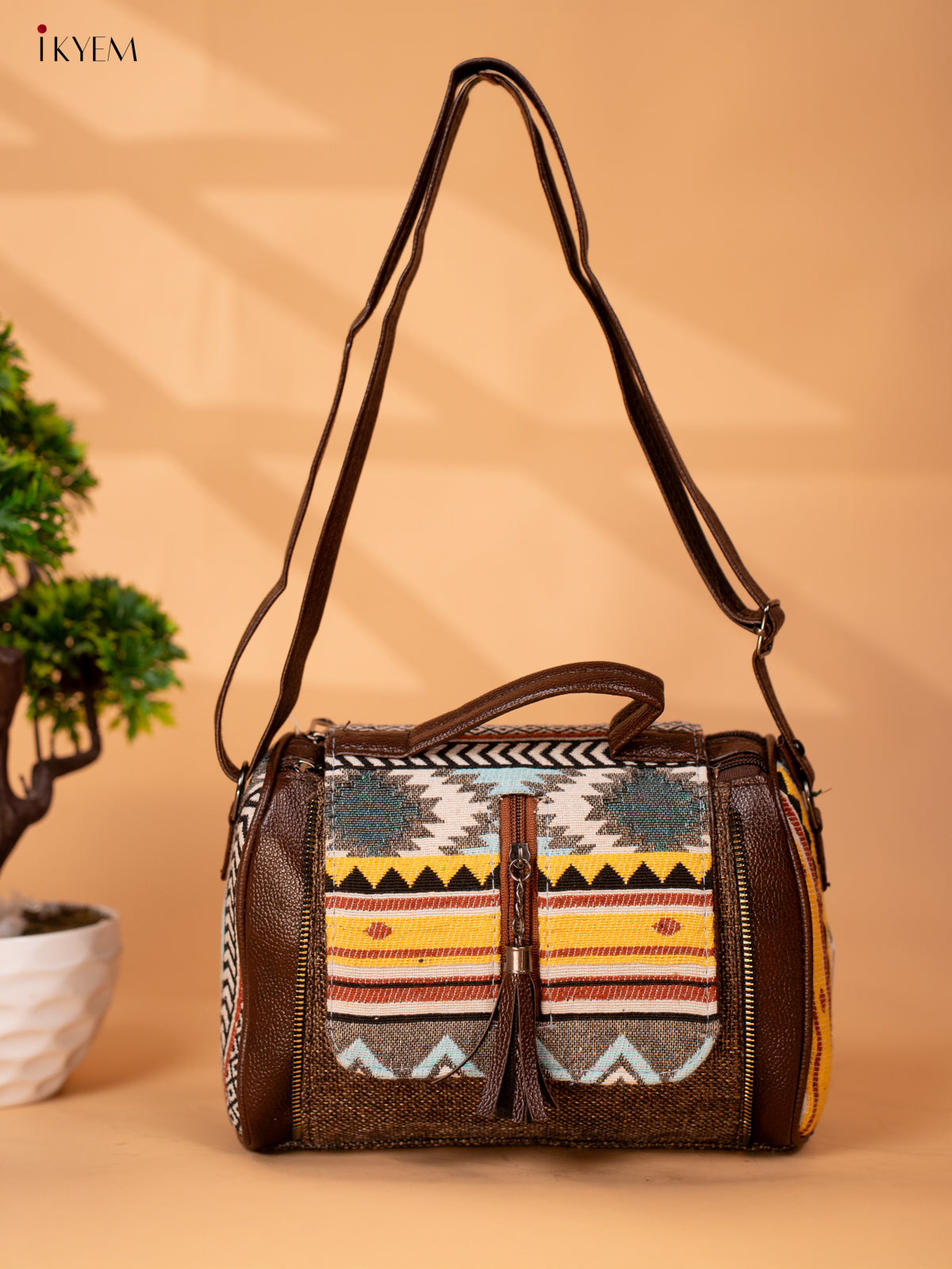 Jacquard Sling Bag with Printed Flap - Brown - KB22122