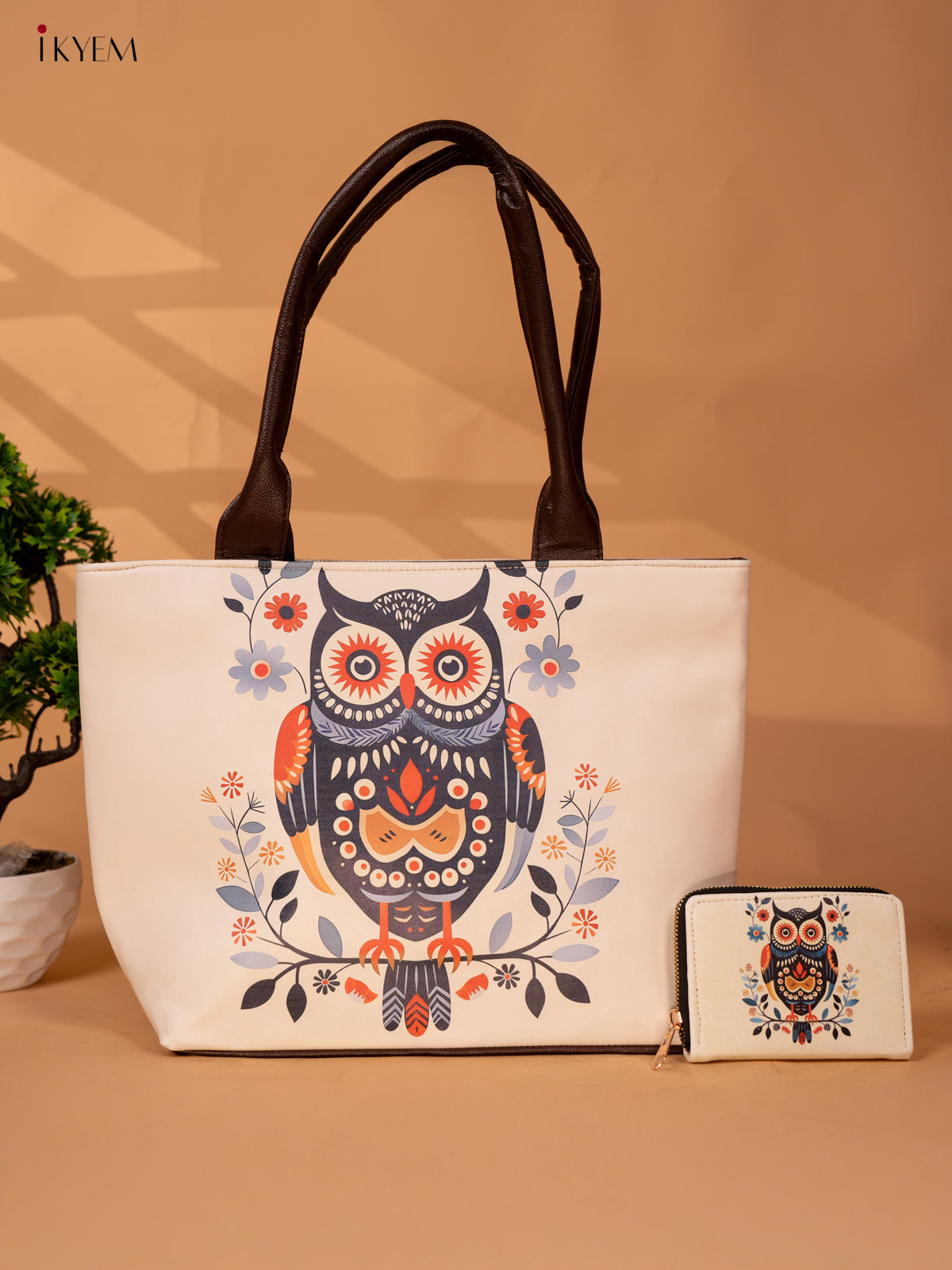 Printed Handbag with Small Wallet owl - White - KB22166