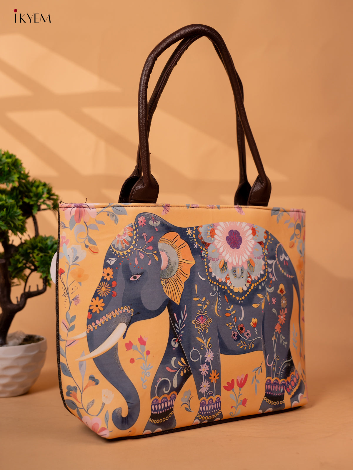 Printed Handbag with Small Wallet Elephant - Yellow -KB22168