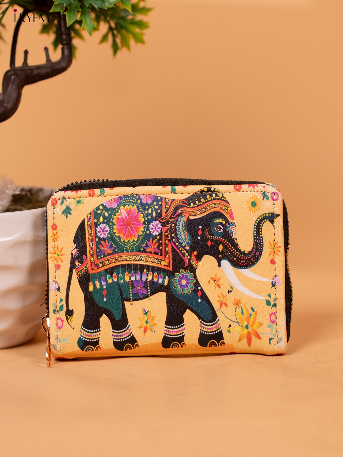 Printed Handbag with Small Wallet Elephant - Yellow -KB22168