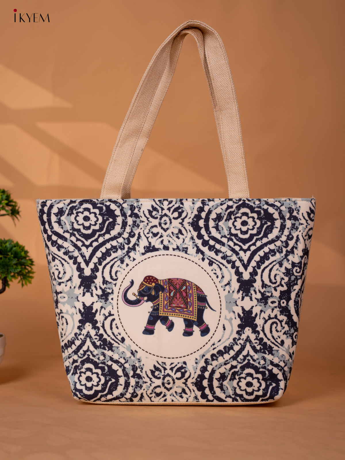 Printed Handbag - Elephant - white & Blue - KB22171