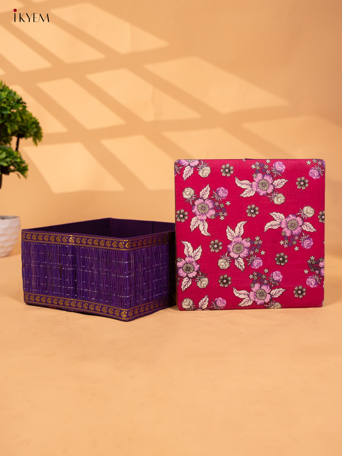 Foldable Korai Box with Kalamkari Fabric Top- Purple 4 Inch- KB26113