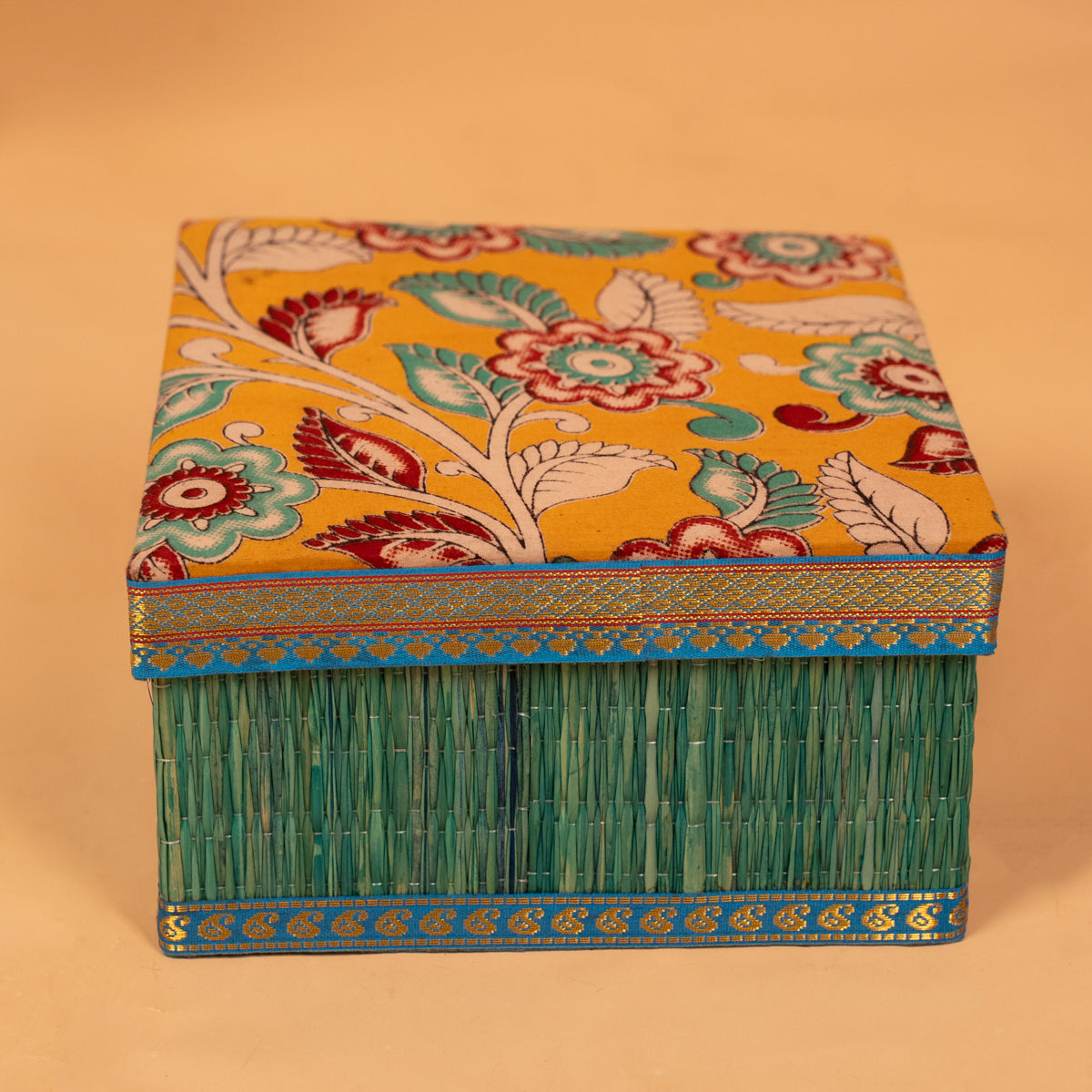 Foldable Korai Box with Kalamkari Fabric Top (8×4)- Blue - KB26114 – Ikyem