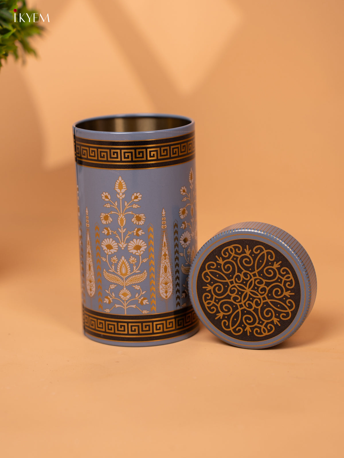 Digital Printed Dry Fruit Tin Jar Cylinder Big - Blue 6 Inch - KB27117