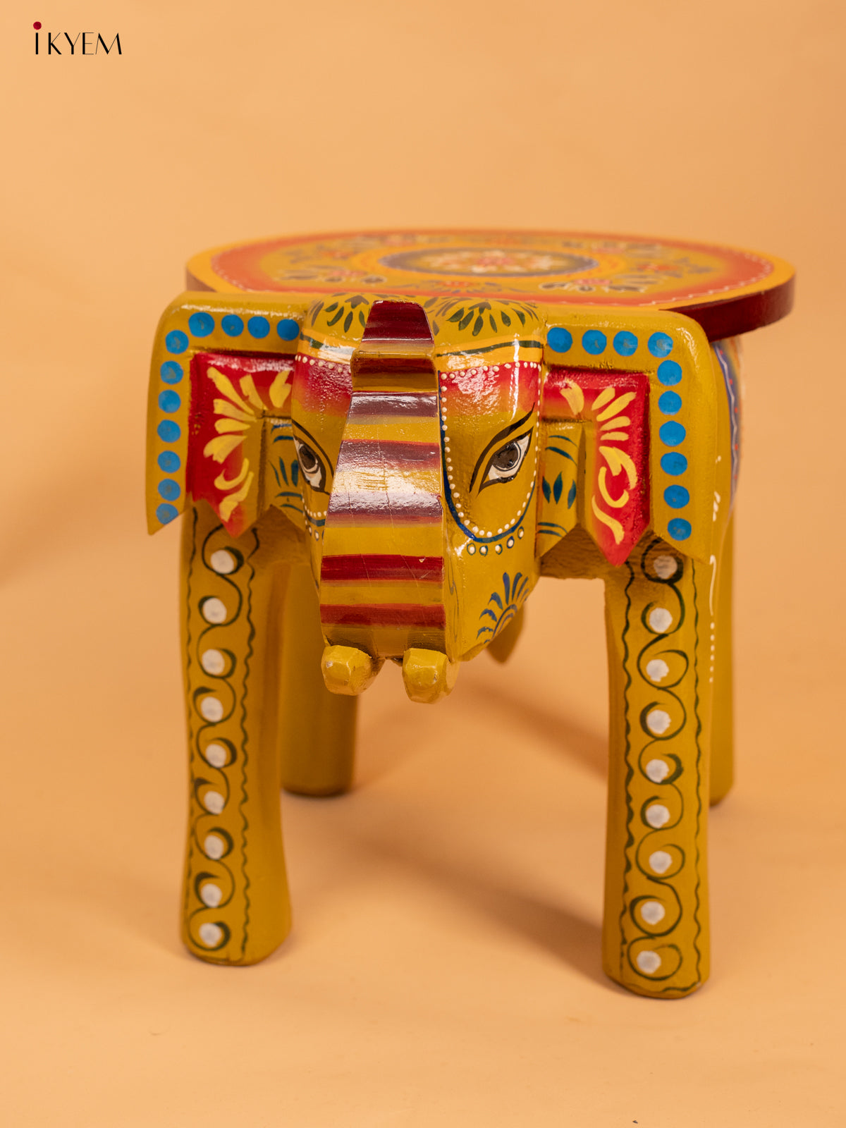 Wooden Hand Painted Elephant Stool Distressed Green - 12 Inch - KC06119