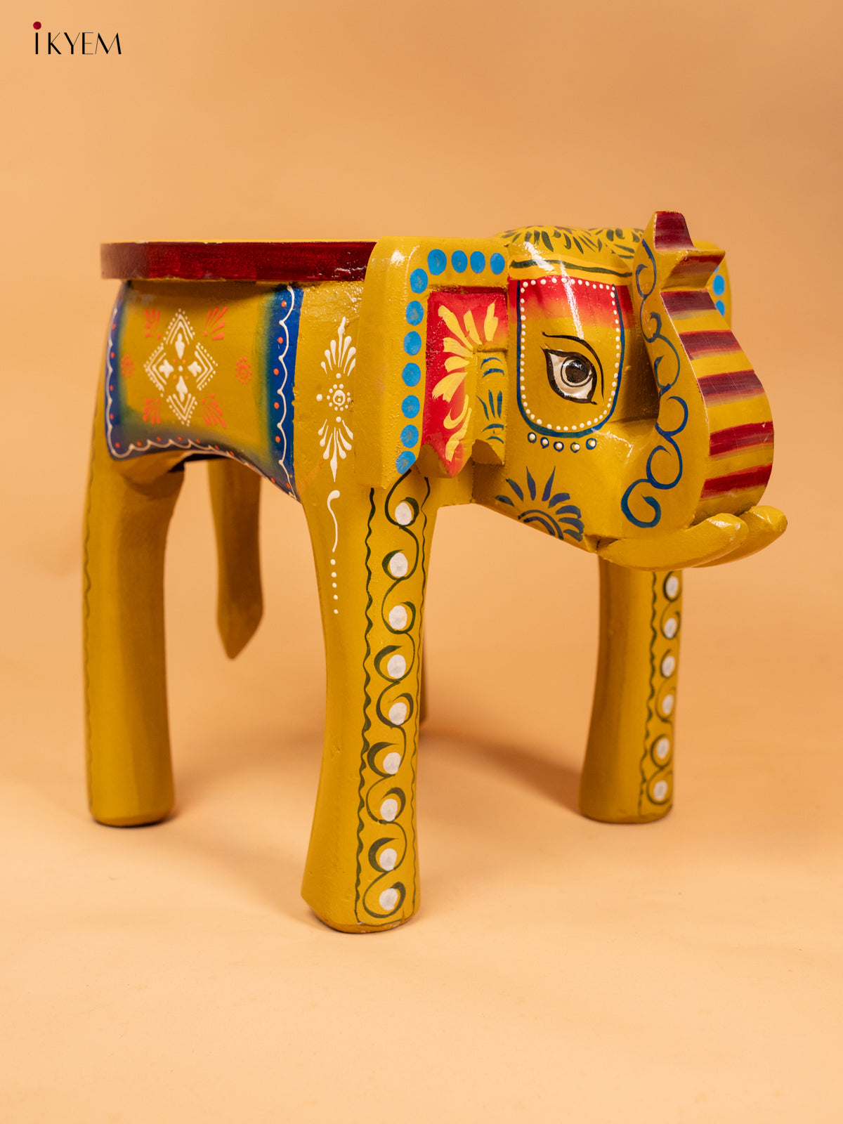Wooden Hand Painted Elephant Stool Distressed Green - 12 Inch - KC06119