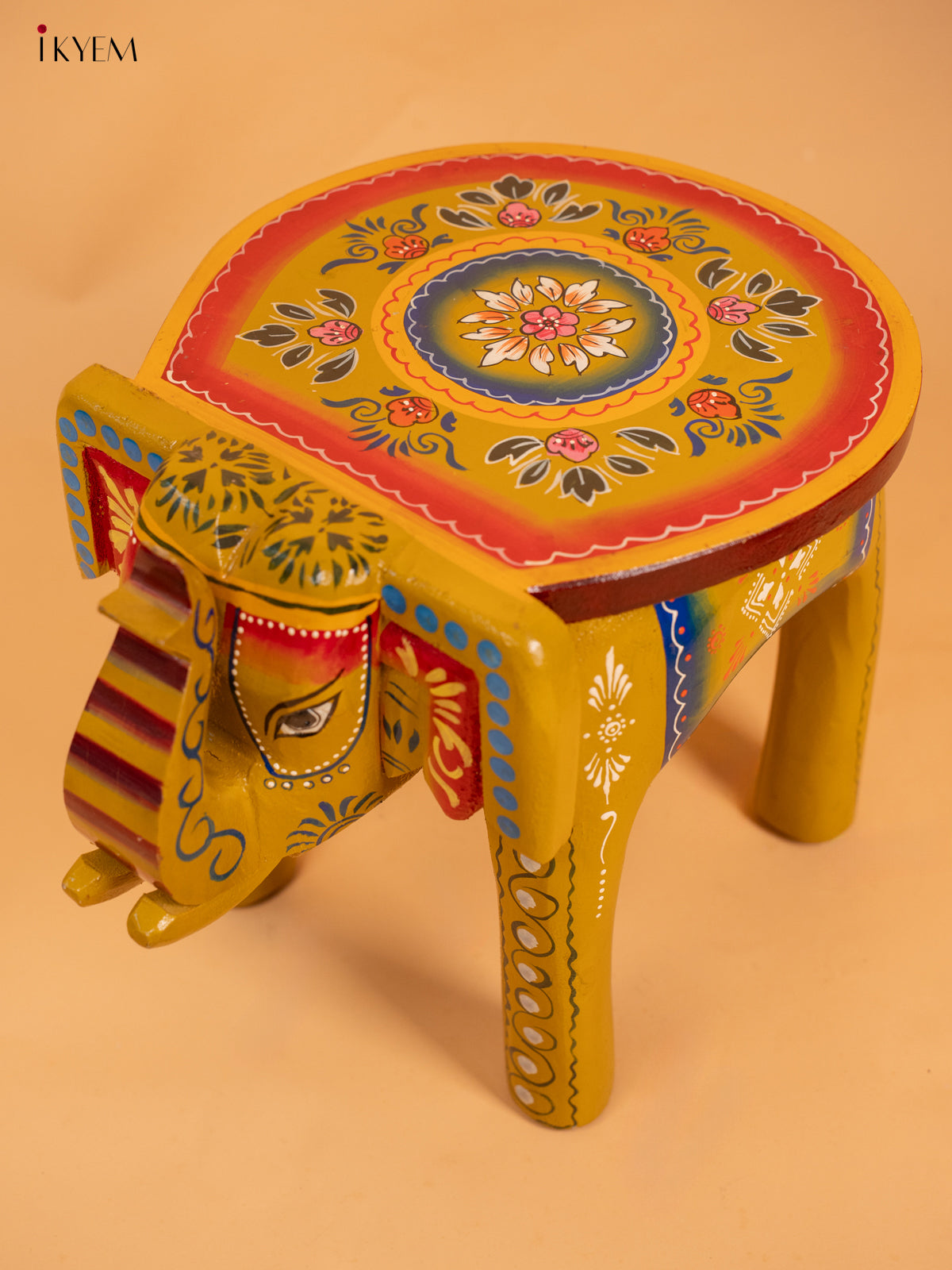 Wooden Hand Painted Elephant Stool Distressed Green - 12 Inch - KC06119