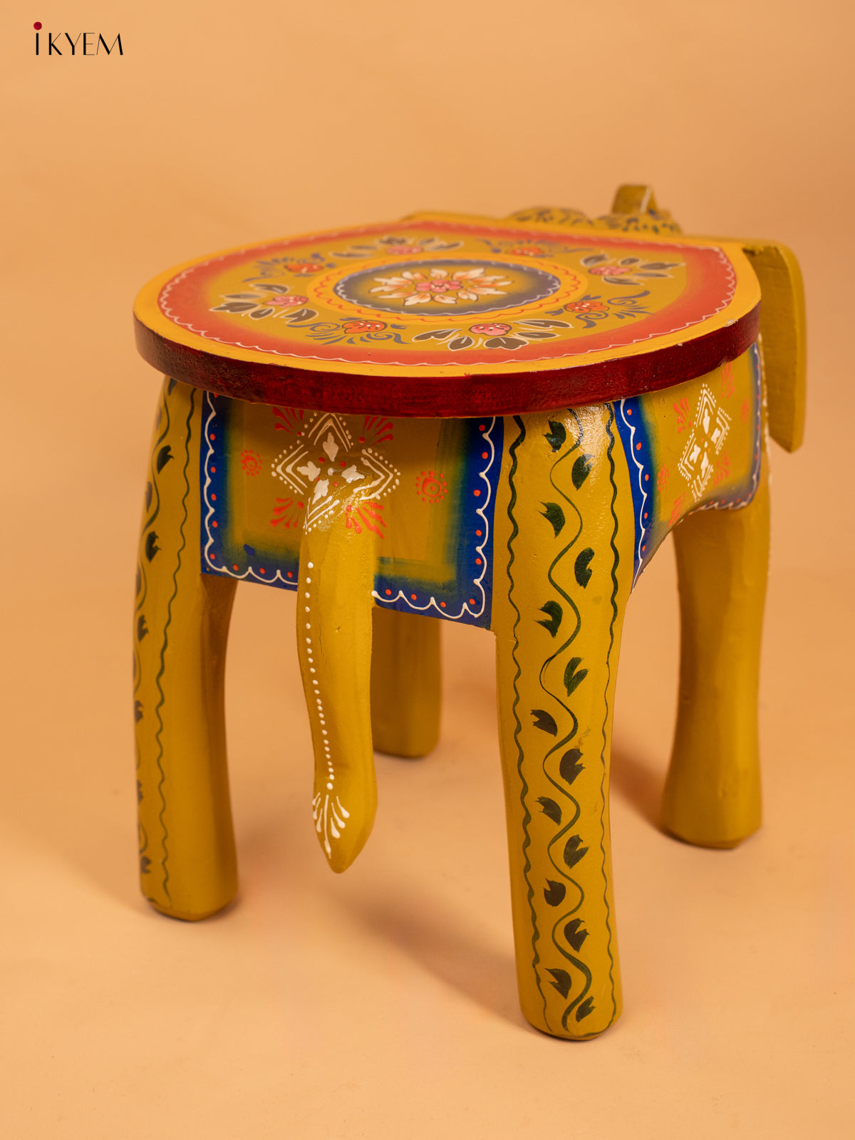 Wooden Hand Painted Elephant Stool Distressed Green - 12 Inch - KC06119