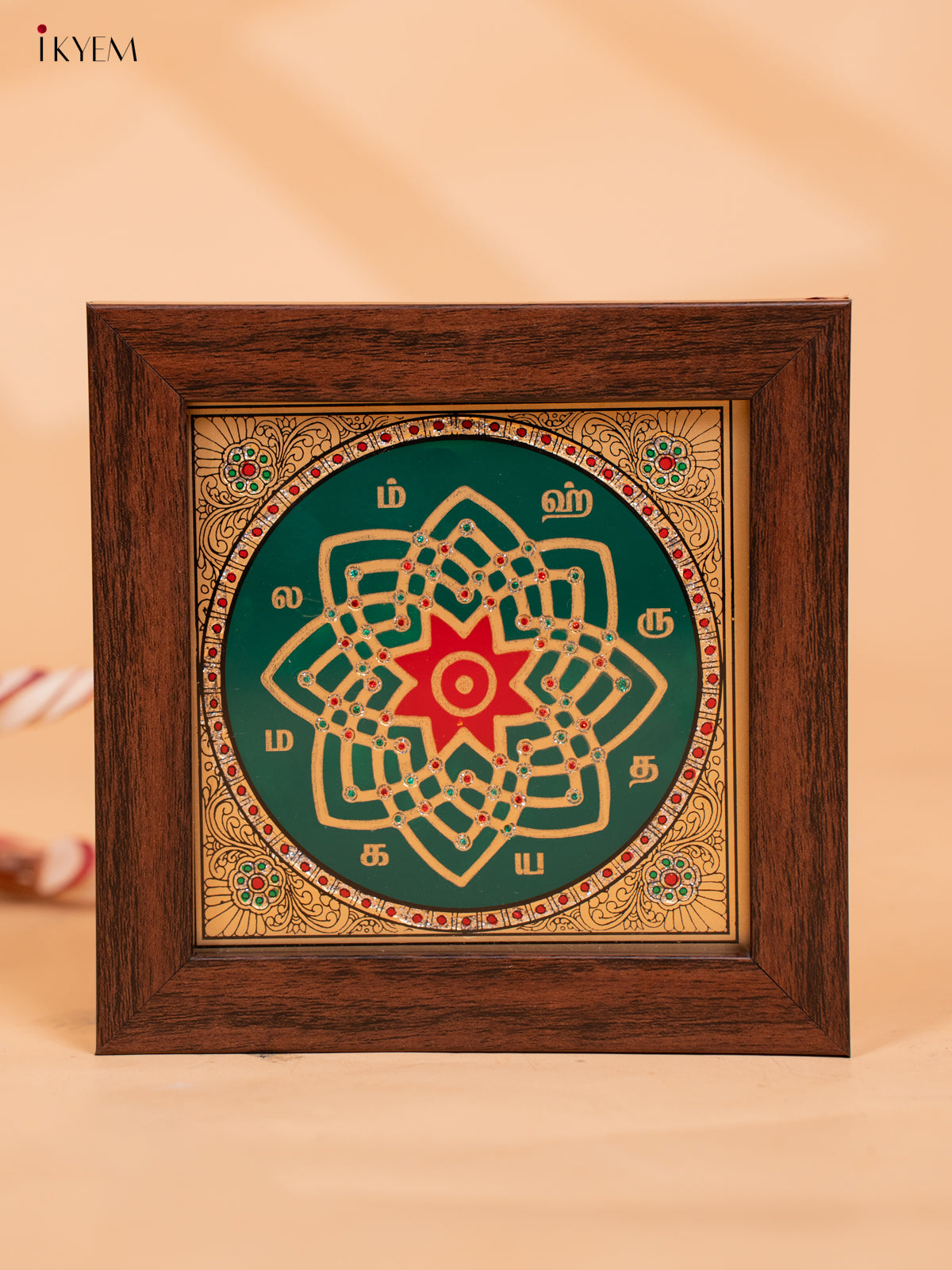 Reverse Glass Painted Manai  - Hridaya Kamalam - (6x6) - Green & Red KC06120