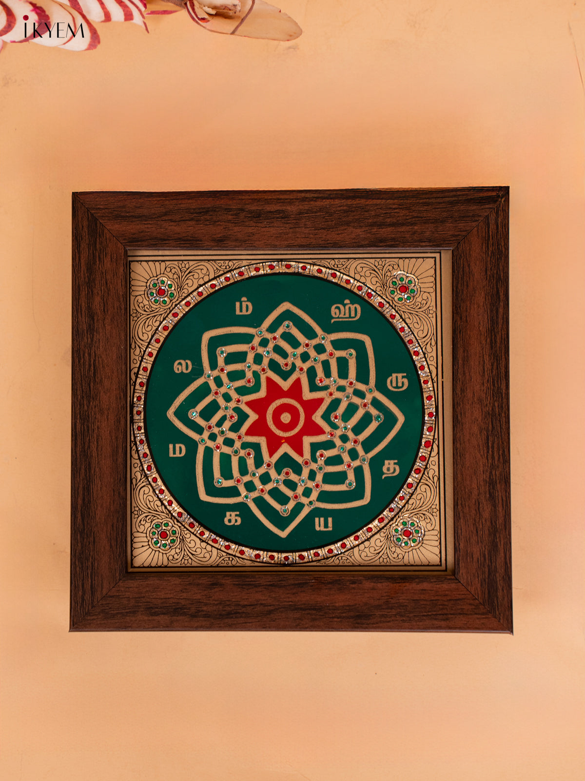 Reverse Glass Painted Manai  - Hridaya Kamalam - (6x6) - Green & Red KC06120