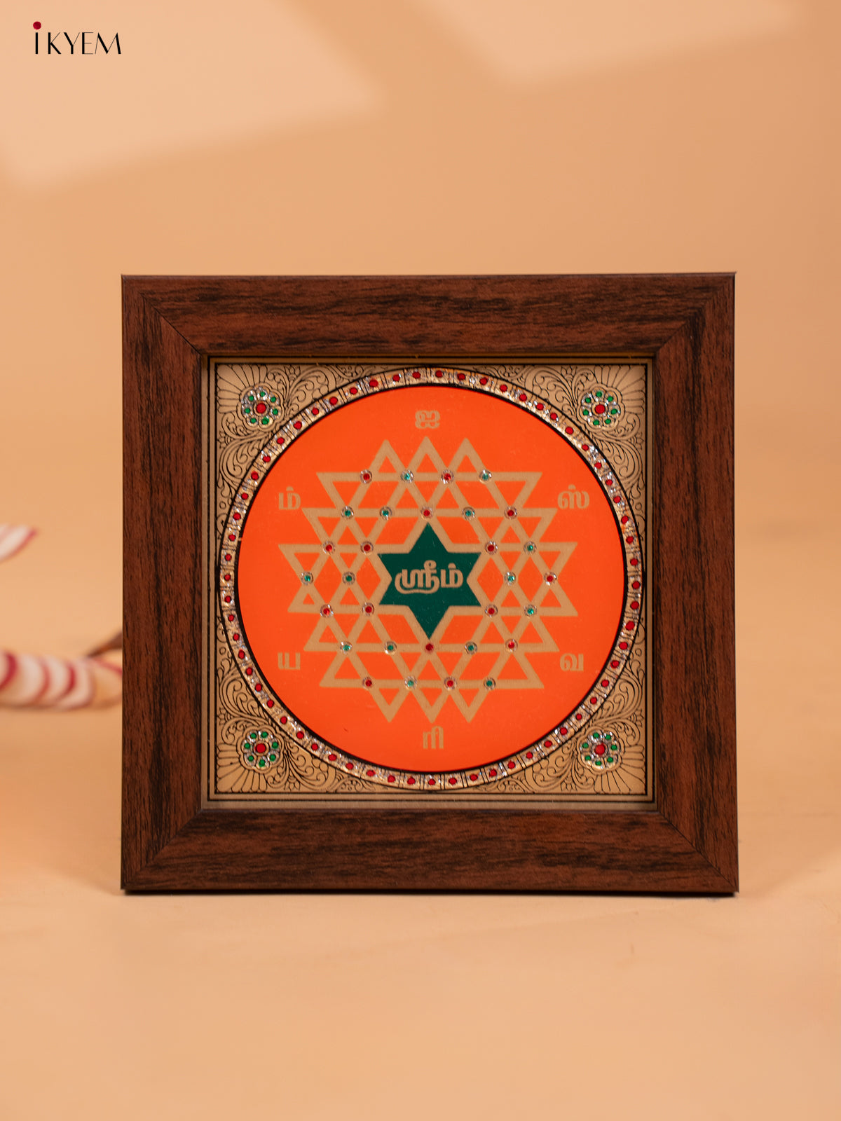 Reverse Glass Painted Manai - Aishwarya Kolam - Orange & Green - (6x6) - KC06125