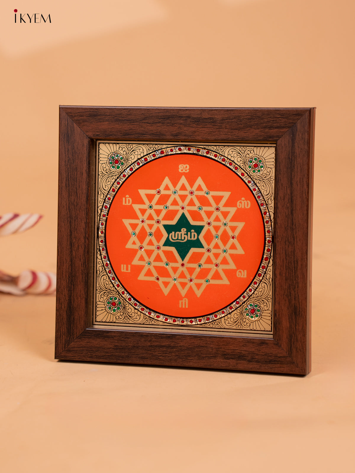 Reverse Glass Painted Manai - Aishwarya Kolam - Orange & Green - (6x6) - KC06125
