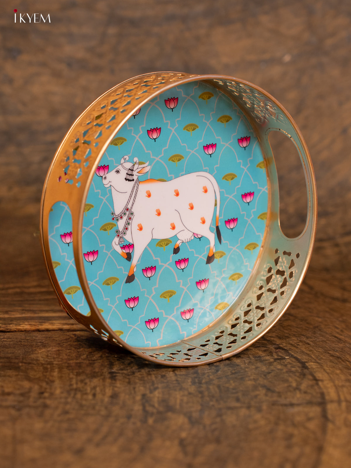 Metal Digital Printed Pichwai Round Thambulam tray - Teal Green - (8 ×8) - KC12131