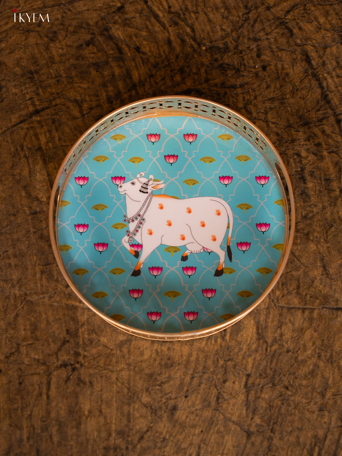 Metal Digital Printed Pichwai Round Thambulam tray - Teal Green - (8 ×8) - KC12131