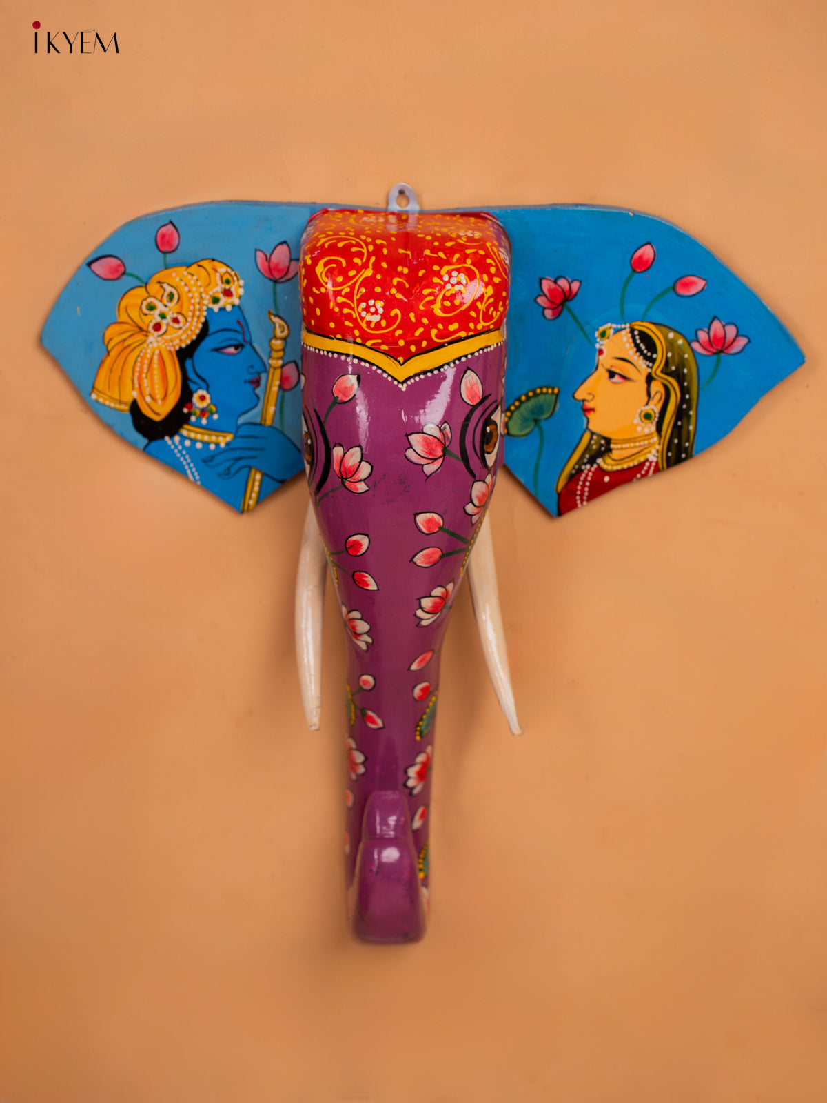 wooden hand painted elephant head with trunk violet - 15 Inch - KC13121