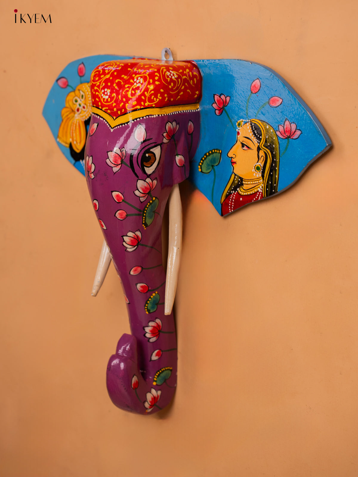 wooden hand painted elephant head with trunk violet - 15 Inch - KC13121