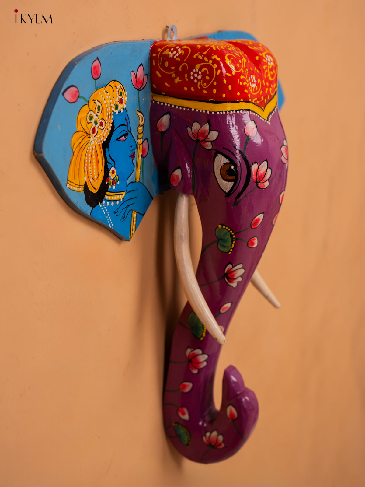 wooden hand painted elephant head with trunk violet - 15 Inch - KC13121