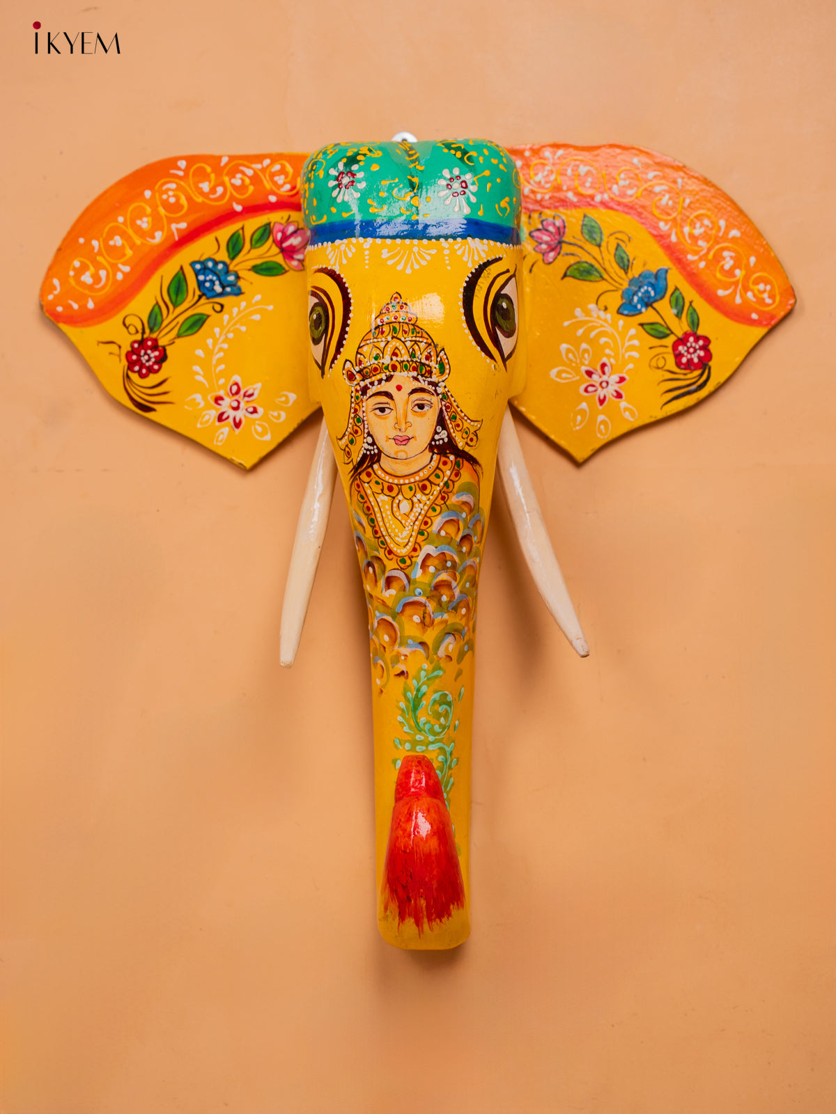 wooden hand painted elephant head with trunk Yellow - Goddess Lakshmi- 15 Inch -KC13127
