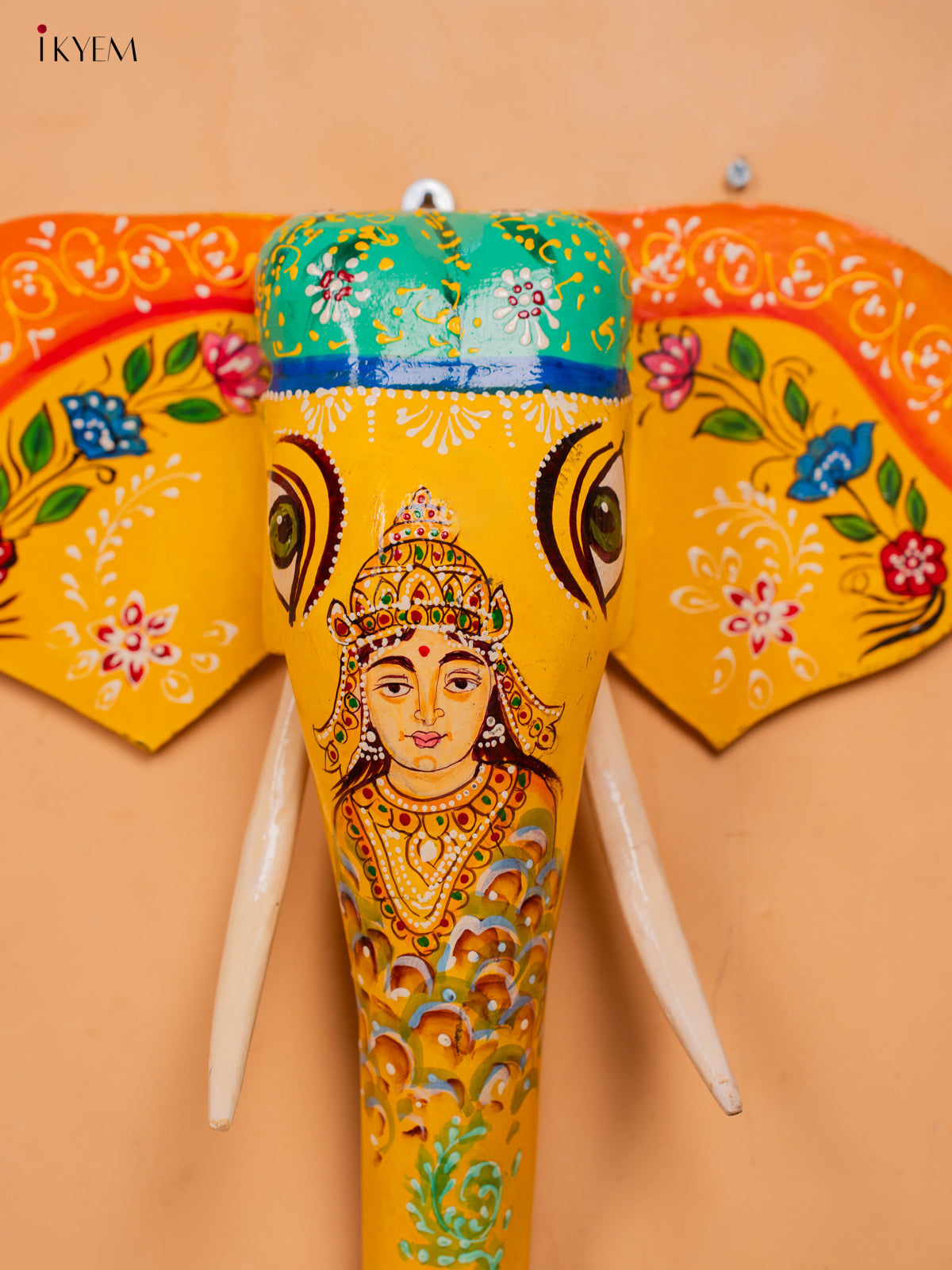 wooden hand painted elephant head with trunk Yellow - Goddess Lakshmi- 15 Inch -KC13127