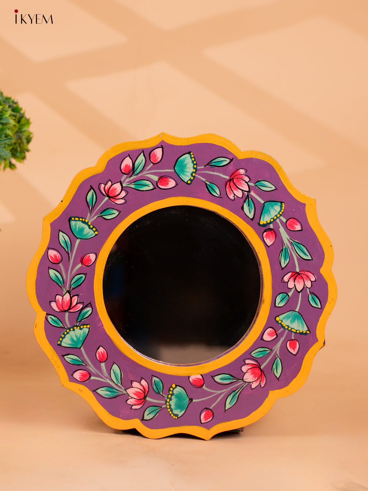 Wooden Hand Painted Round Mirror Frame - 11 inch - violet-KC13133