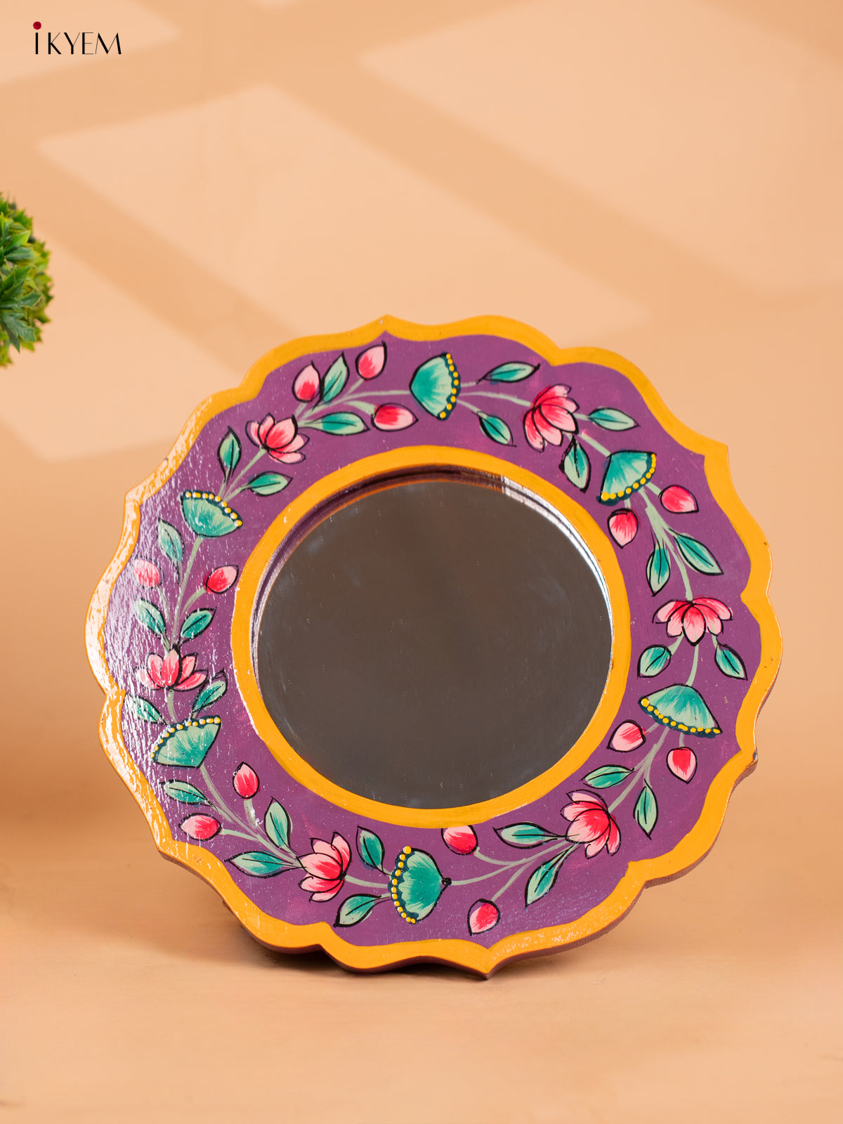 Wooden Hand Painted Round Mirror Frame - 11 inch - violet-KC13133