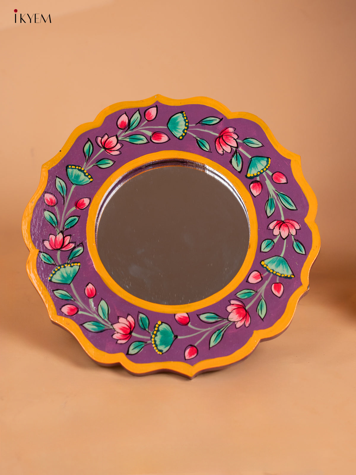 Wooden Hand Painted Round Mirror Frame - 11 inch - violet-KC13133