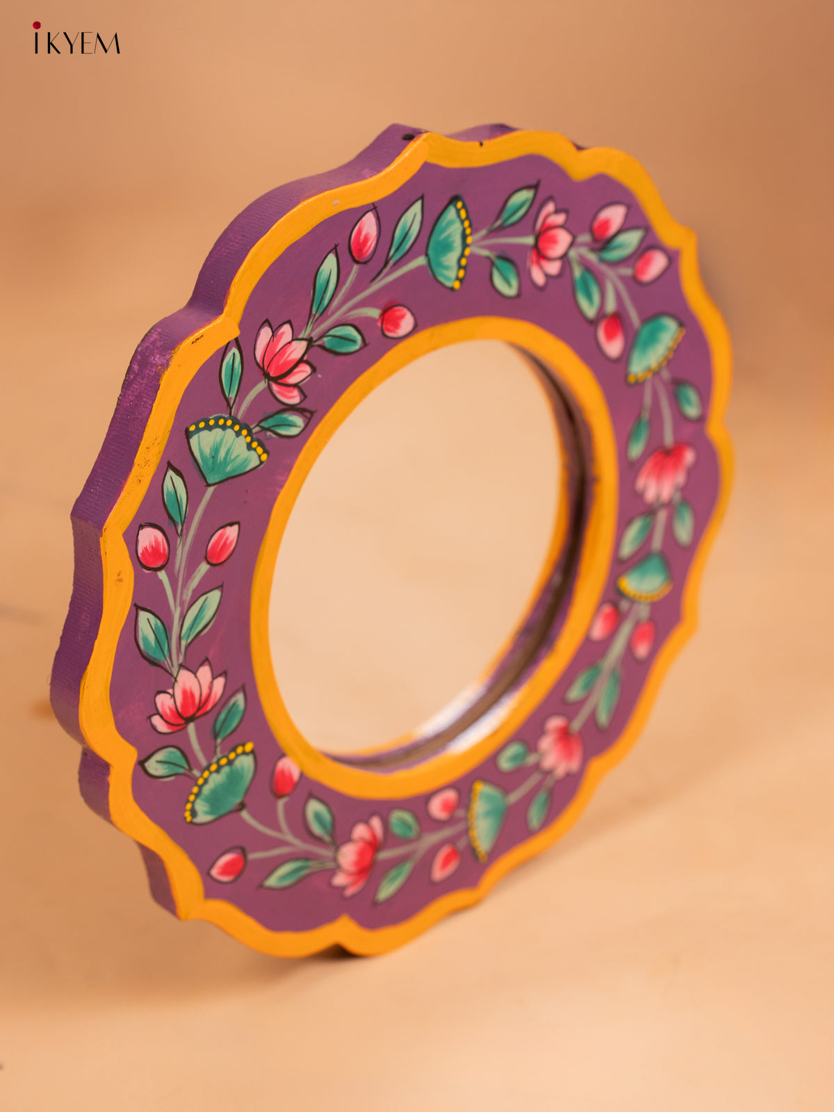 Wooden Hand Painted Round Mirror Frame - 11 inch - violet-KC13133