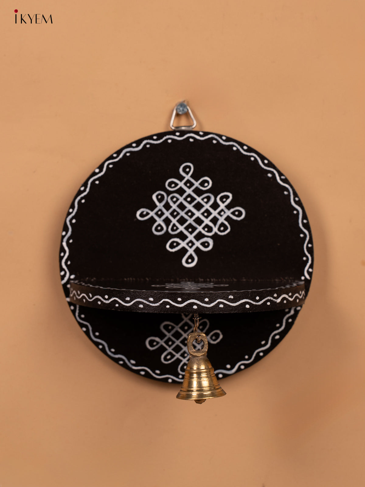 Hand Painted Round Wall Shelf with Brass Bell - Brown -KC20111