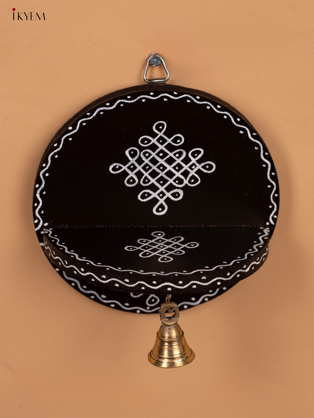 Hand Painted Round Wall Shelf with Brass Bell - Brown -KC20111