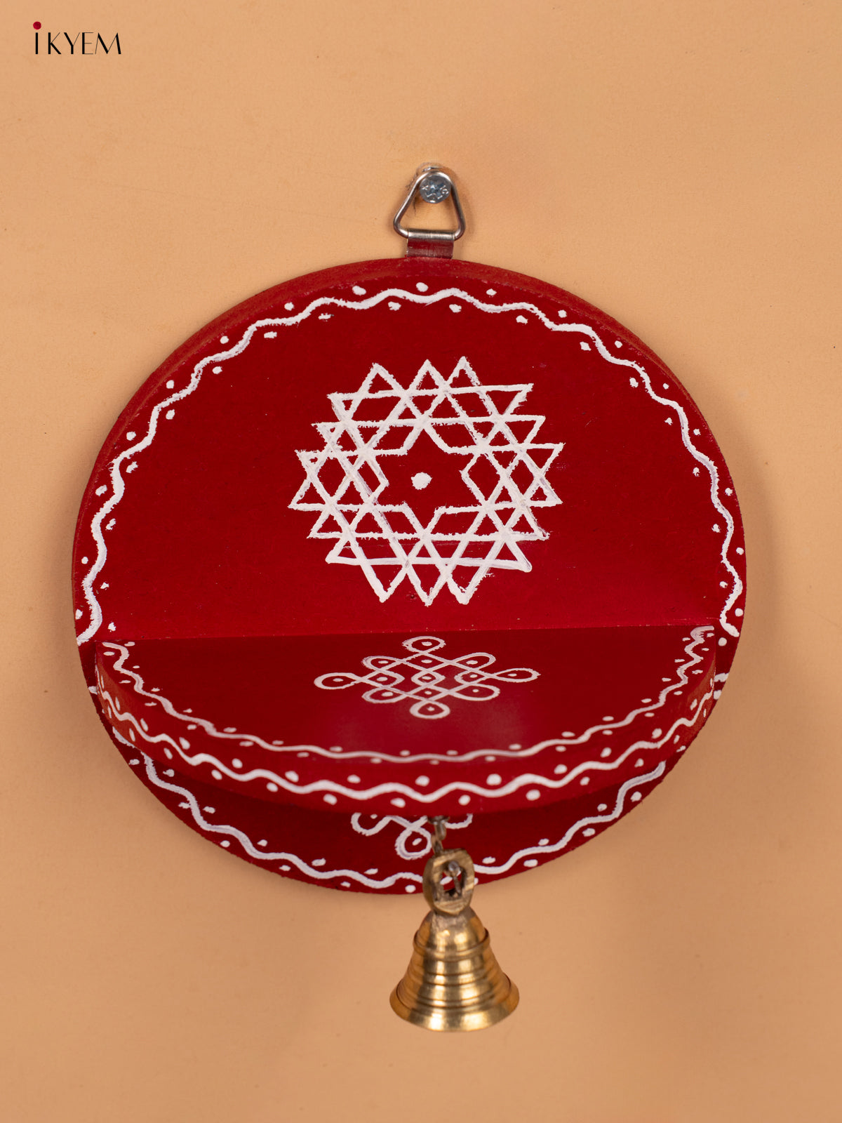 Hand Painted Round Wall Shelf with Brass Bell - Red-KC20112