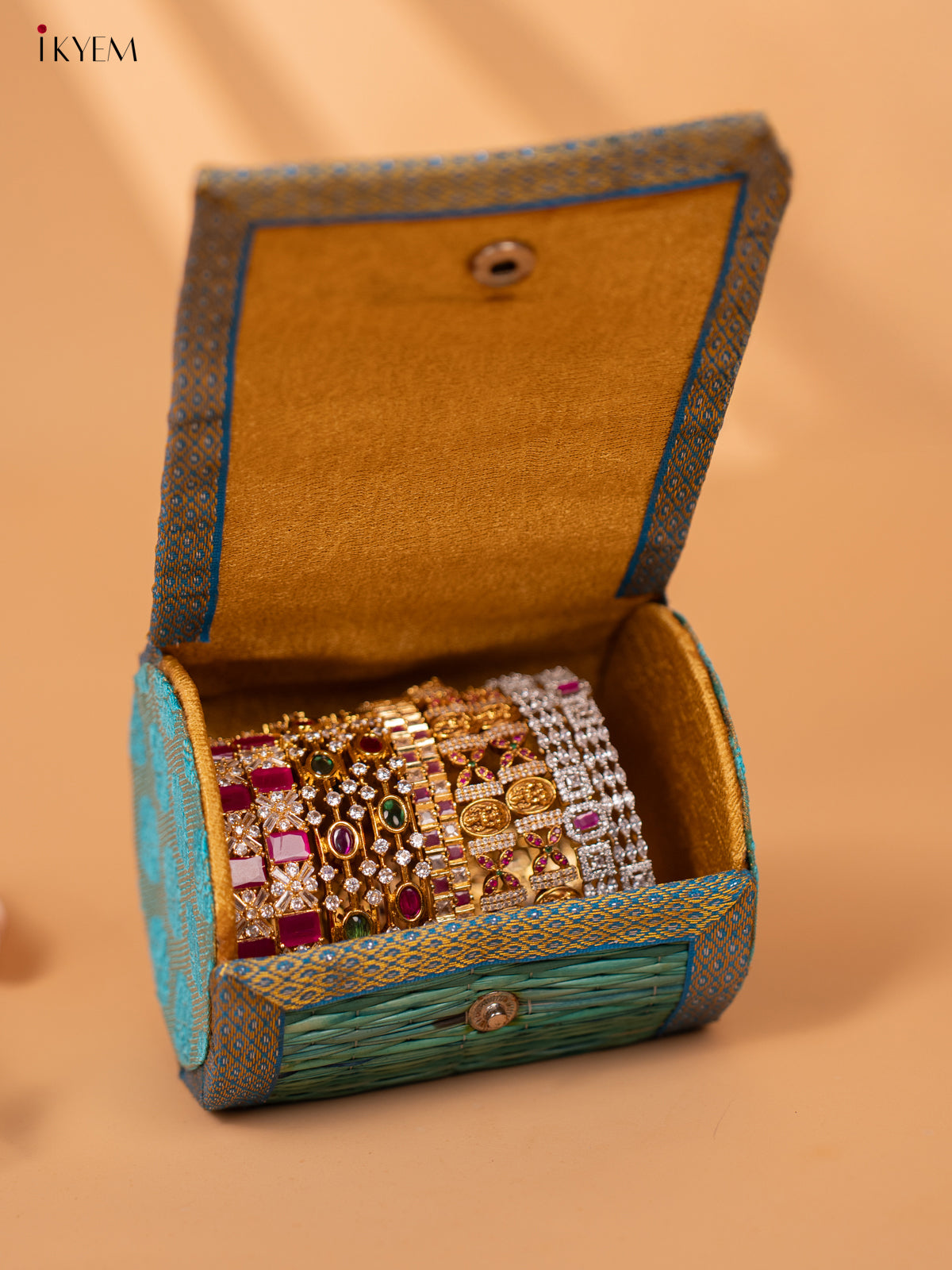 Half Raw Silk with korai  Round Bangle box - Sky blue -KC20131