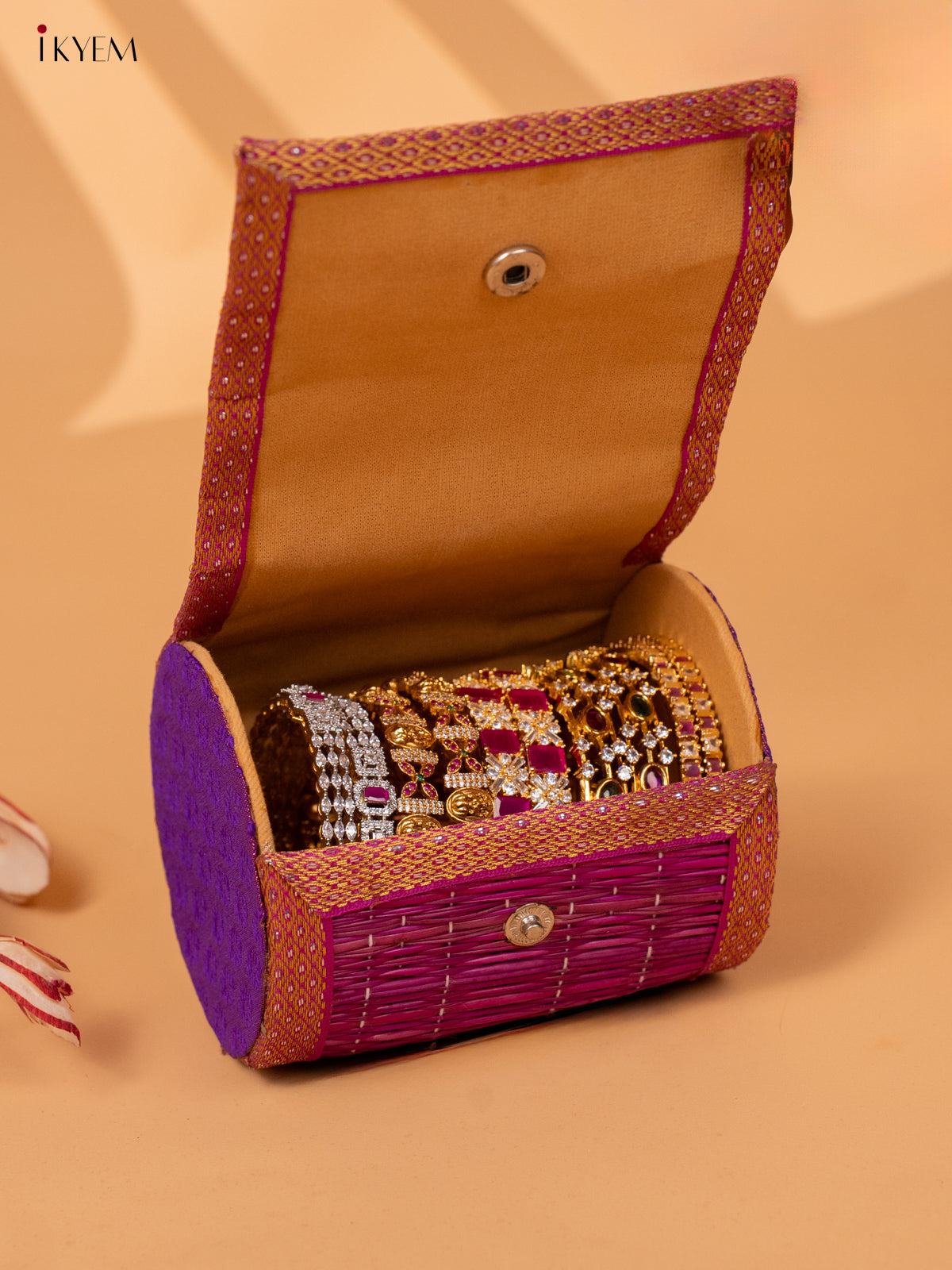 Half Raw Silk with  korai  Round bangle box  - Violet -KC20133