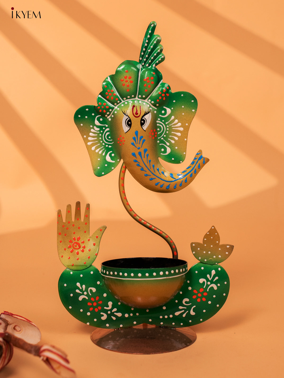 Iron Hand Painted Ganesha T-light Holder - Green - 11 Inch -KC20147