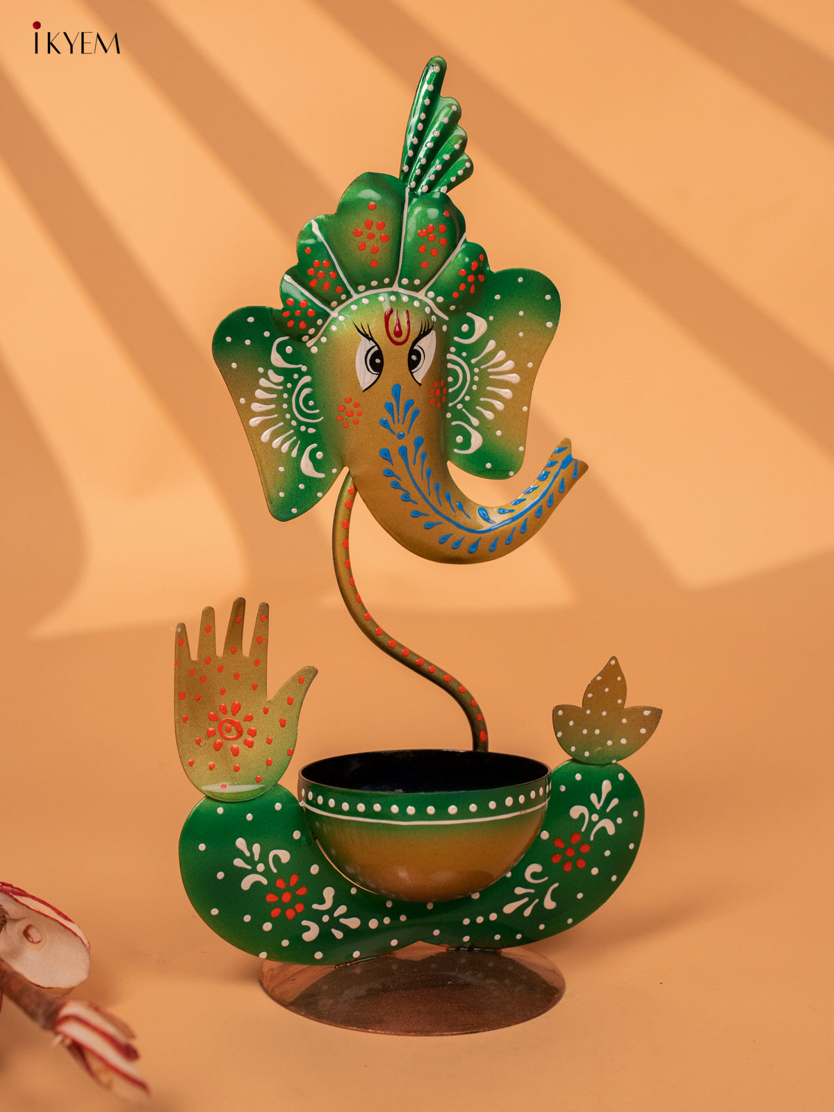 Iron Hand Painted Ganesha T-light Holder - Green - 11 Inch -KC20147
