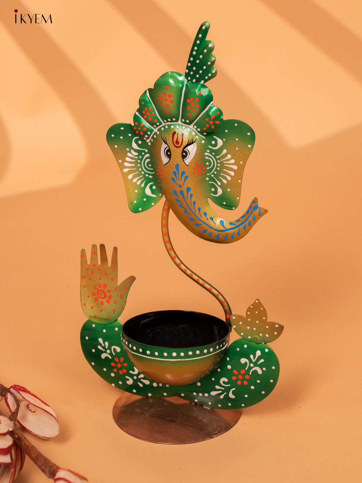 Iron Hand Painted Ganesha T-light Holder - Green - 11 Inch -KC20147