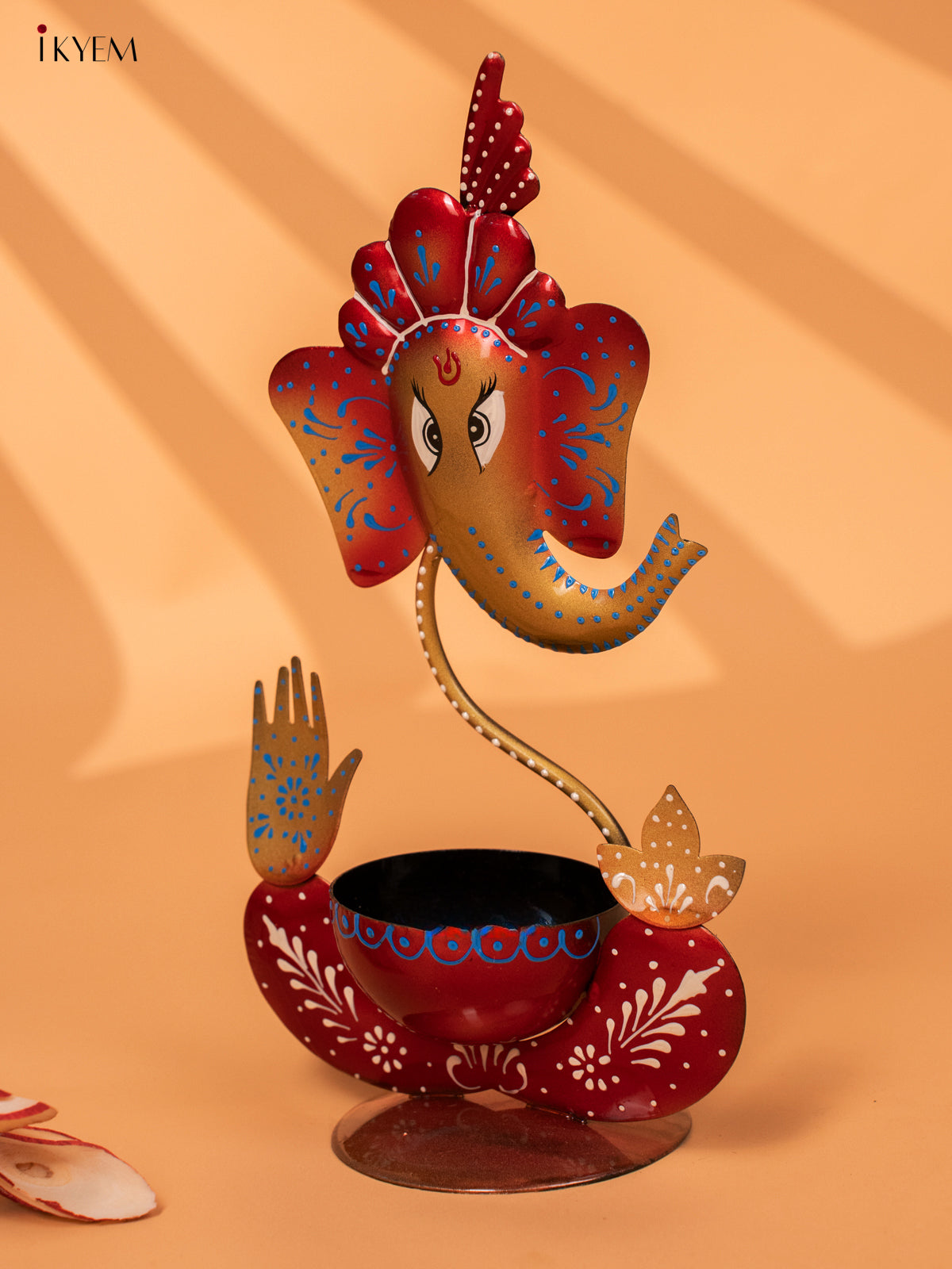 Iron Hand Painted Ganesha T-light Holder - Red  11 Inch -KC20148