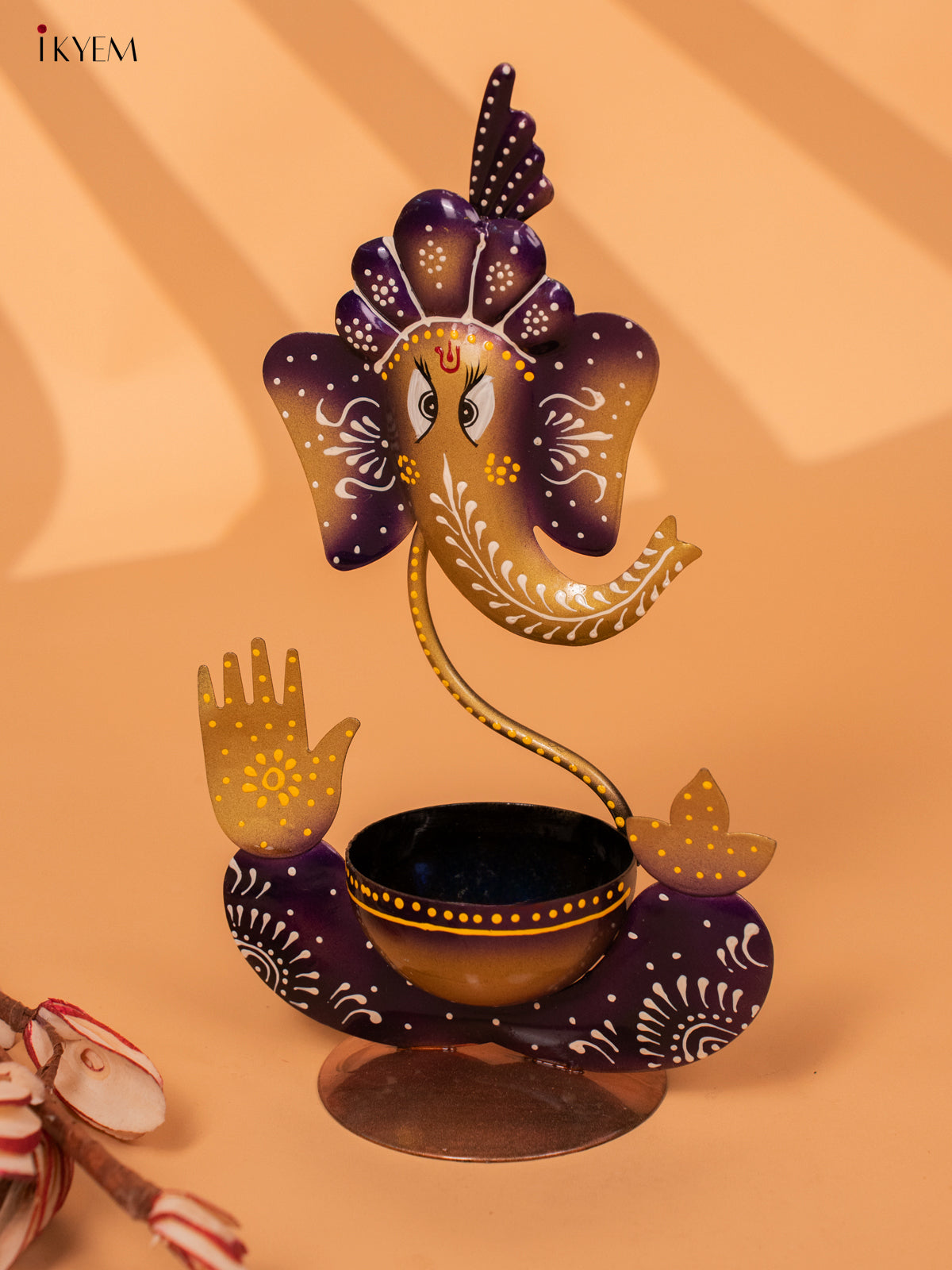 Iron Hand Painted Ganesha T-light Holder - violet 11 Inch -KC20149