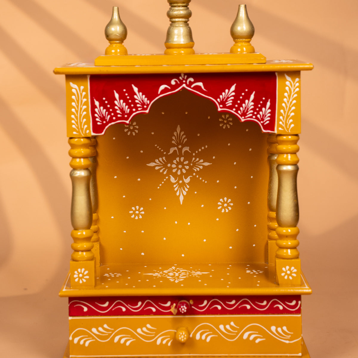 Hand‑Painted Wooden Pooja Mandapam with Drawer - Yellow - 19 Inches ...