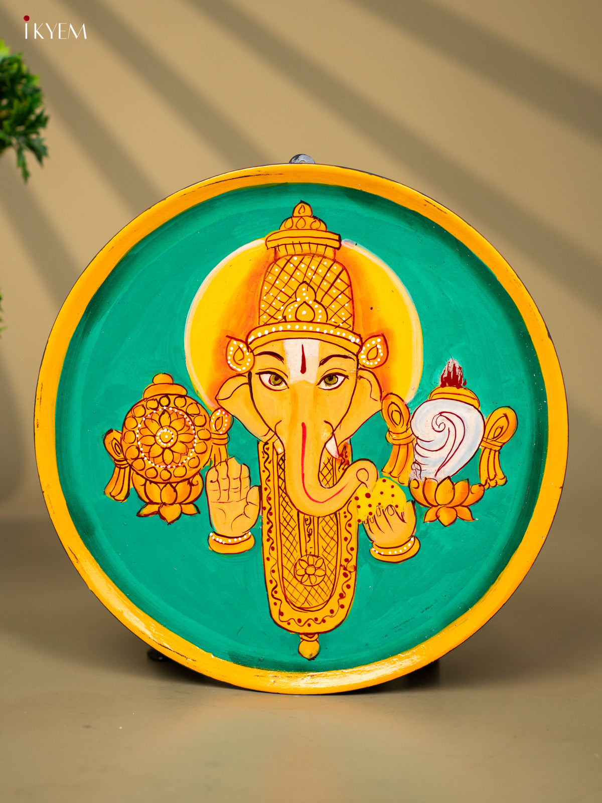 Wooden Hand painted Wall hanging plate - Ganesha Balaji Green-KC22119