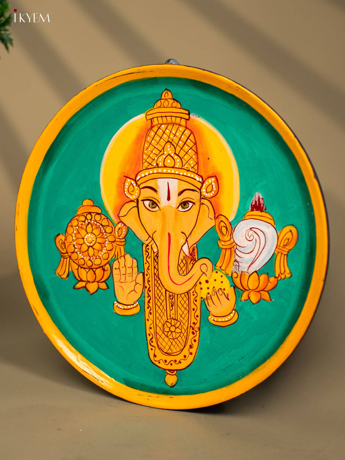 Wooden Hand painted Wall hanging plate - Ganesha Balaji Green-KC22119