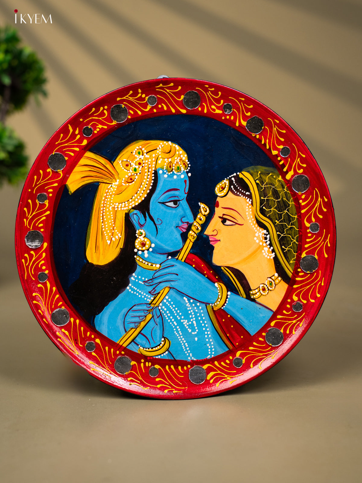 Wooden Hand painted Wall hanging plate - Radha Krishna Small Mirror Navy blue-KC22123