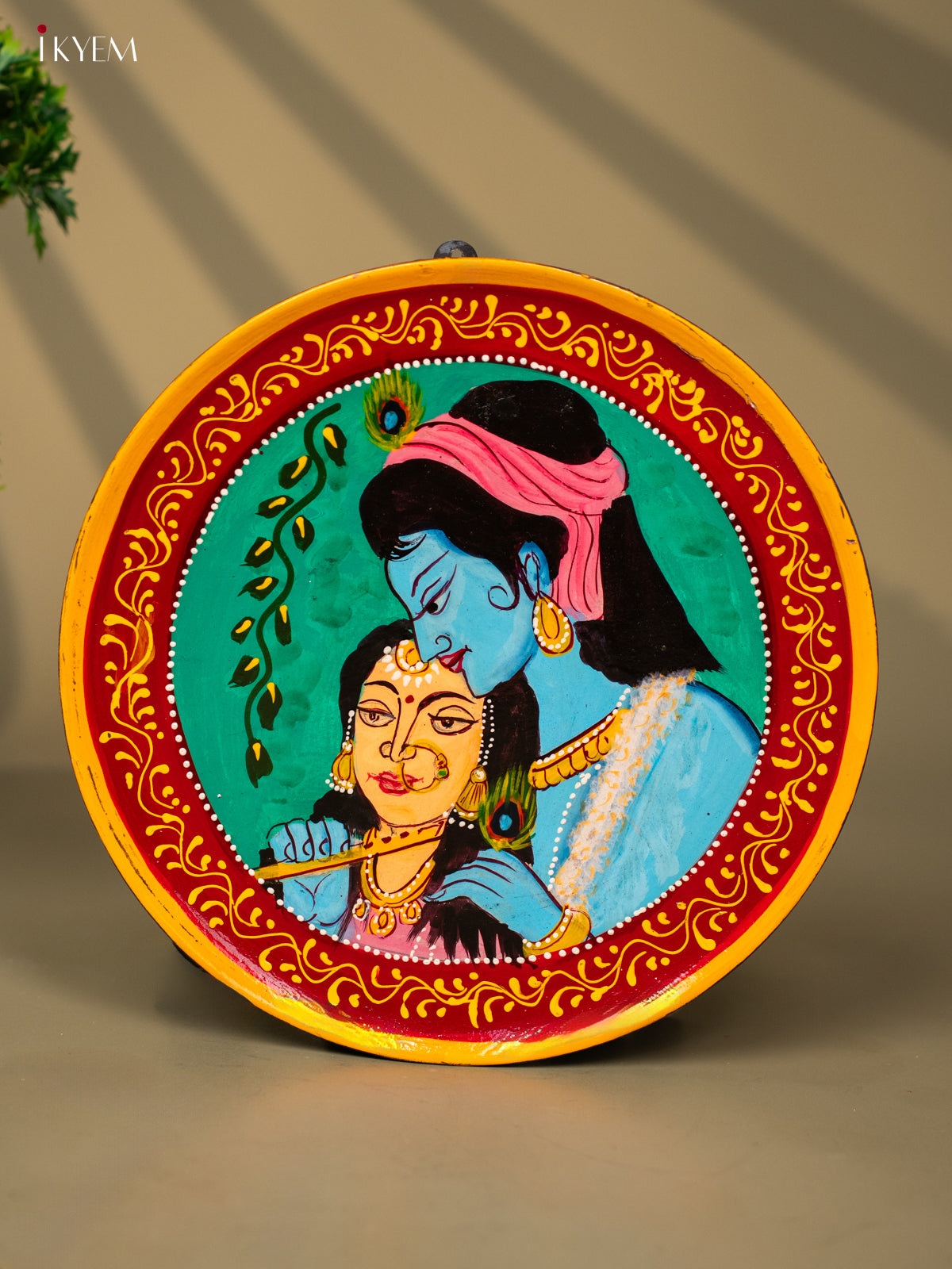 Wooden Hand painted Wall hanging plate - Radha Krishna Green -KC22127