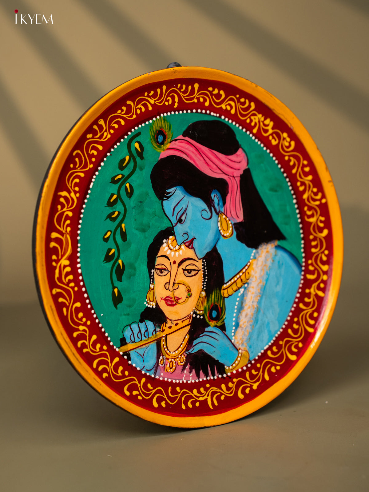 Wooden Hand painted Wall hanging plate - Radha Krishna Green -KC22127