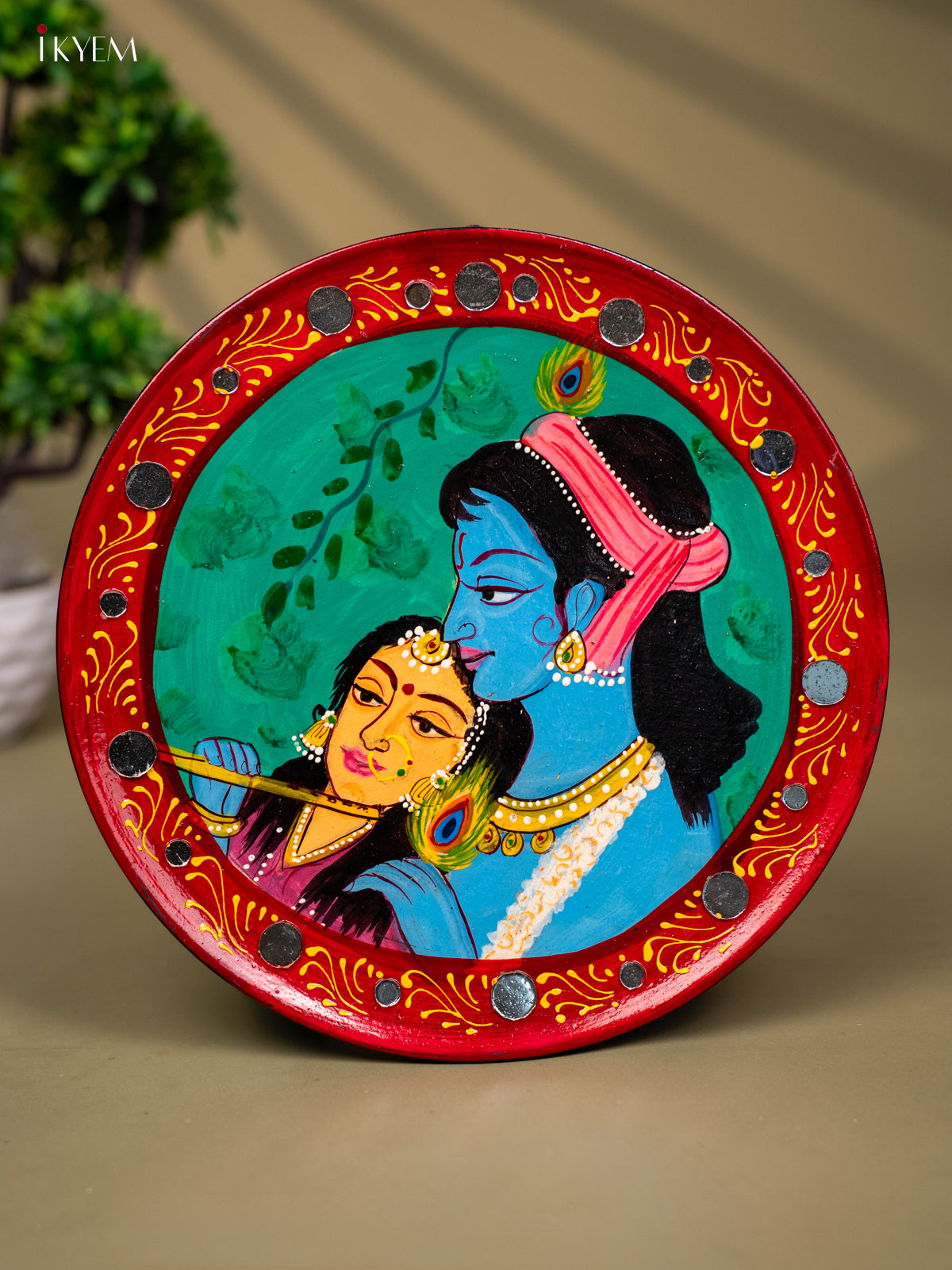 Wooden Hand painted Wall hanging plate - Radha Krishna with small Mirror Green- KC22133